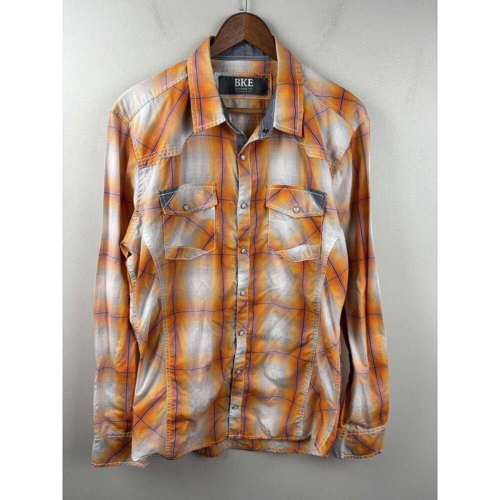 BKE Shirt Men Large Pearl Snap Long Sleeve Tailored Fit Orange White Plaid